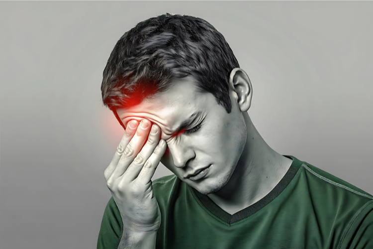 Young man covering his right eye, eyebrow and right side of the forehead with his right hand