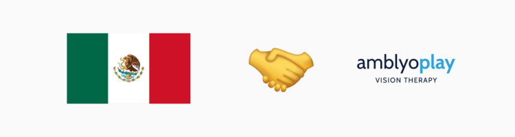 Bandera de México, emoji de apretón de manos y logotipo de AmblyoPlay sobre fondo gris claro.