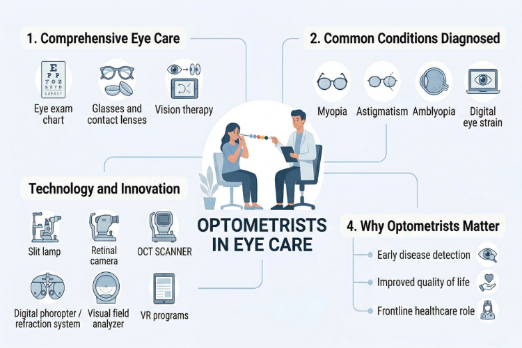 Infographic showing role of optometrists in eye care including eye exams, vision therapy, common conditions, and technology