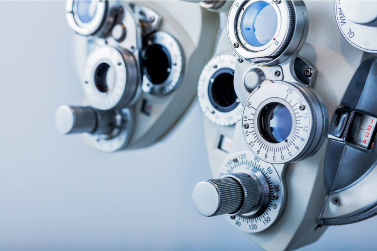 Phoropter device used by optometrists during eye exam to measure vision and determine prescription.